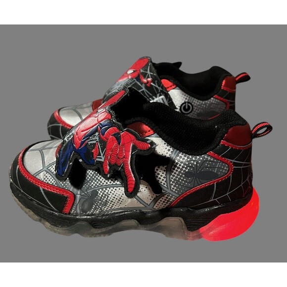 Marvel Spiderman Shoes Boys Size 12 Light Up Hook Loop Black Red - Picture 4 of 6